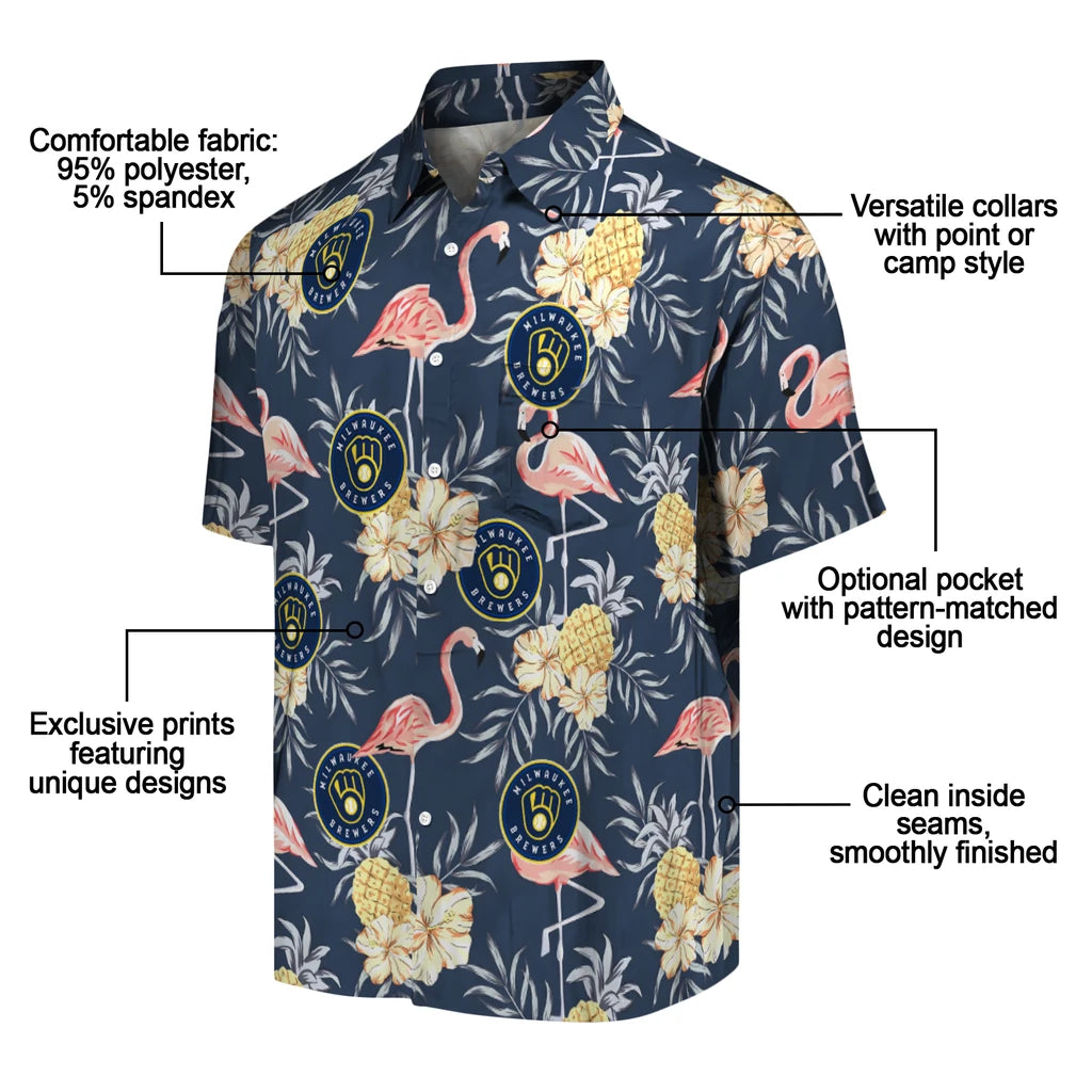 Milwaukee Brewers Hawaiian Shirt - Flamingo Hibiscus | Moonbestprint