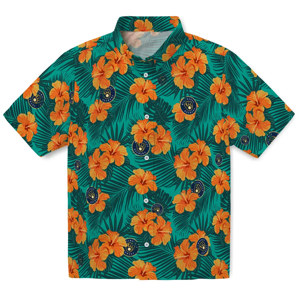 Milwaukee Brewers Hawaiian Shirt - Hibiscus and Palm Leaves | Moonbestprint