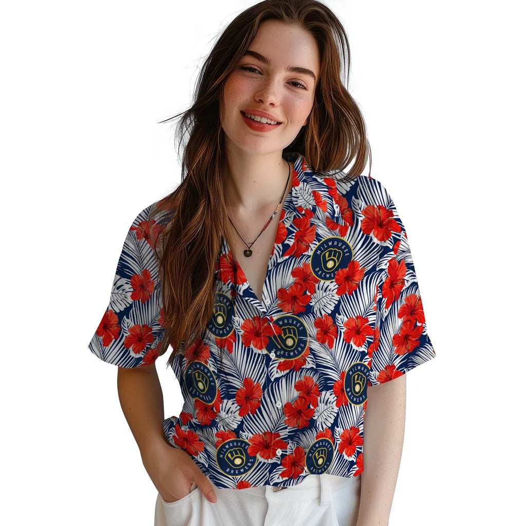 Milwaukee Brewers Hawaiian Shirt - Hibiscus Fiesta | Moonbestprint