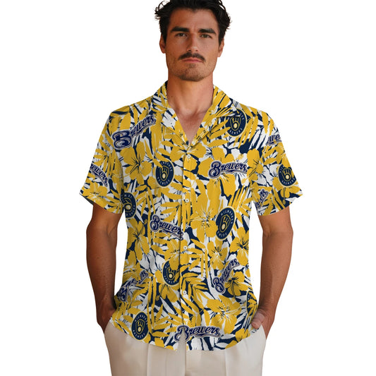 Milwaukee Brewers Hawaiian Shirt - Hibiscus Overlay | Moonbestprint
