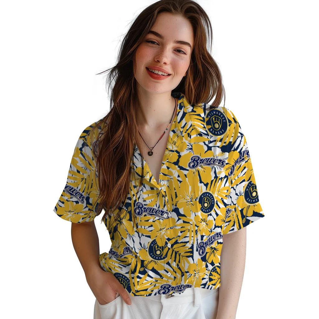 Milwaukee Brewers Hawaiian Shirt - Hibiscus Overlay | Moonbestprint