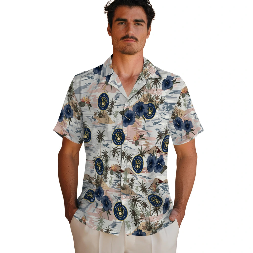 Milwaukee Brewers Hawaiian Shirt - Hibiscus Seaside | Moonbestprint