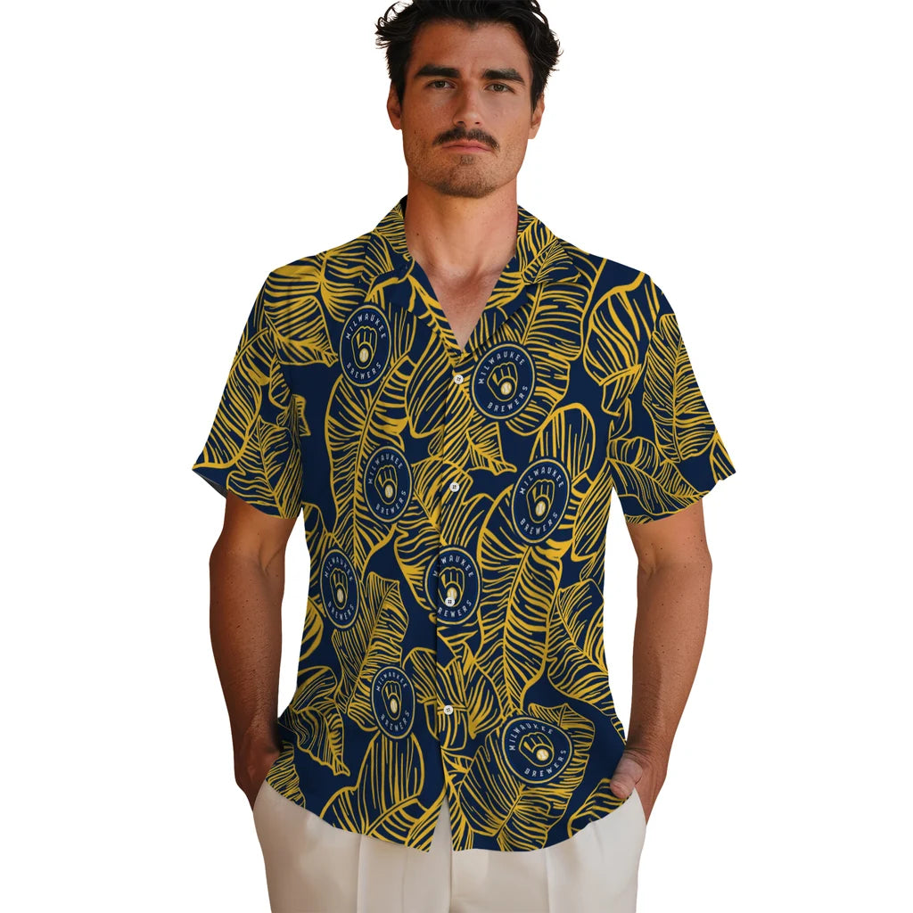 Milwaukee Brewers Hawaiian Shirt - Leaf Outline | Moonbestprint
