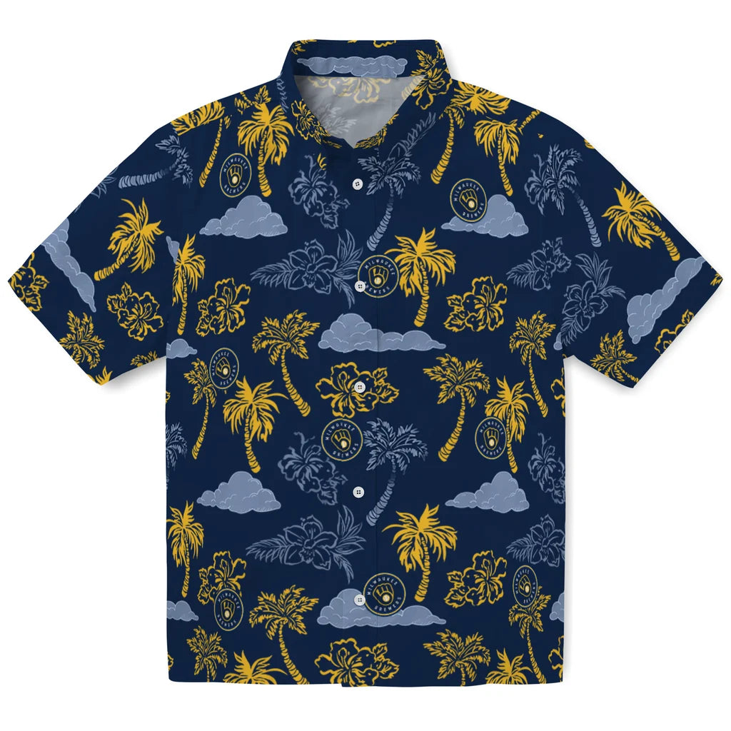Milwaukee Brewers Hawaiian Shirt - Palm And Clouds | Moonbestprint