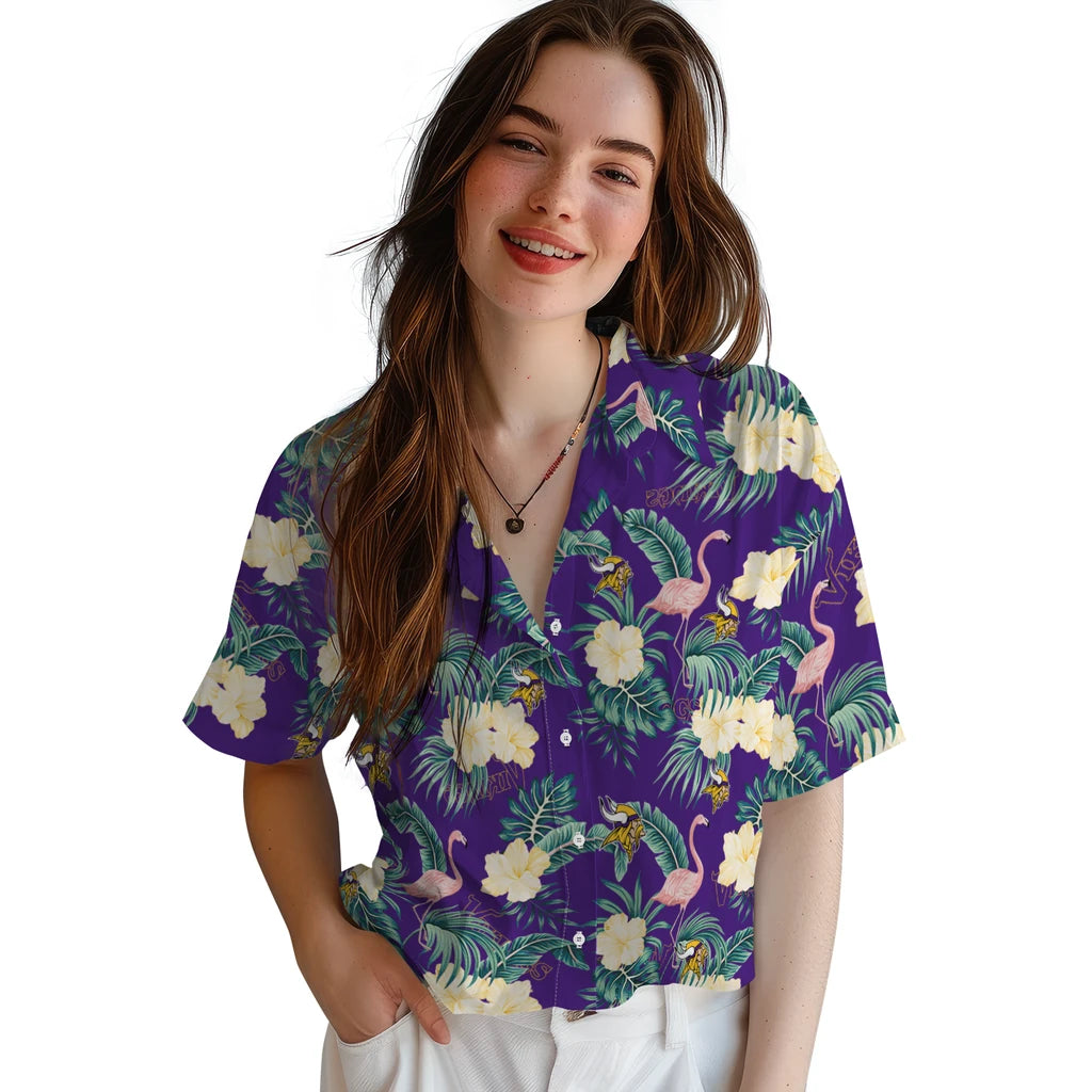 Minnesota Vikings Hawaiian Shirt - Flamingo and Hibiscus | Moonbestprint