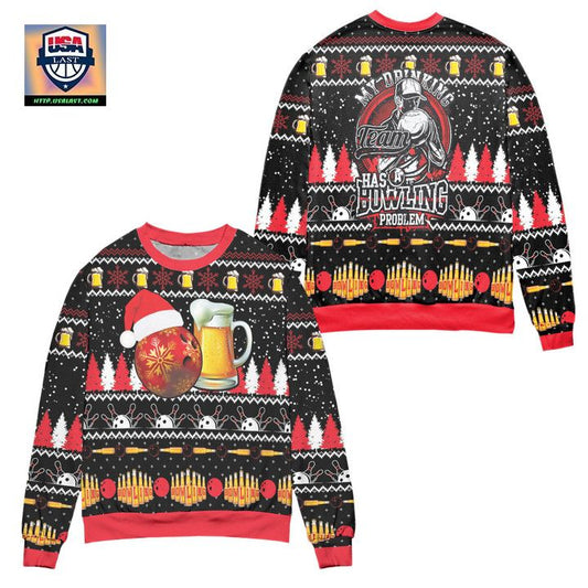 My Drinking Team Has A Bowling Problem Snowflake Pattern Ugly Christmas Sweater ? Black ? Usalast