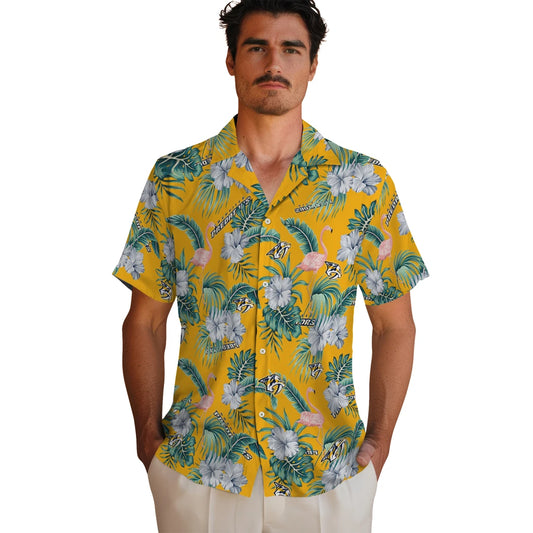 Nashville Predators Hawaiian Shirt - Flamingo and Hibiscus | Moonbestprint