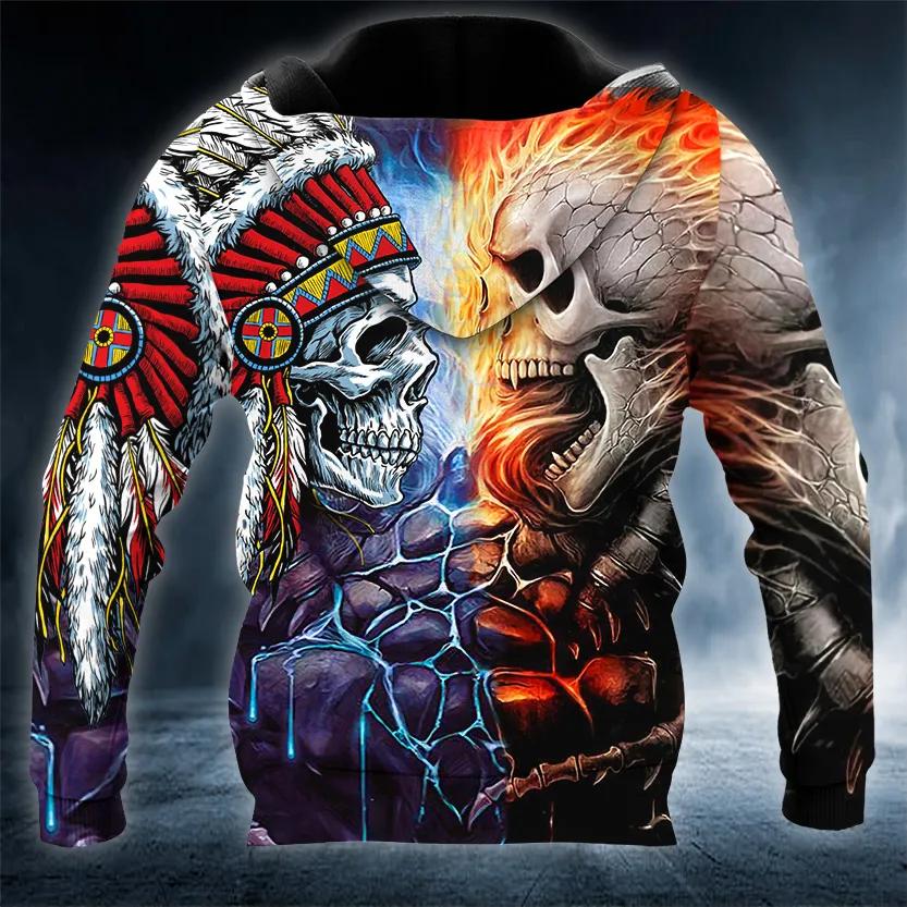 Native American Warrior vs Lava Fire Skull 3D All Over Print Hoodie -Moonbestprint