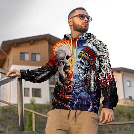 Native American Warrior vs Lava Fire Skull 3D All Over Print Hoodie -Moonbestprint