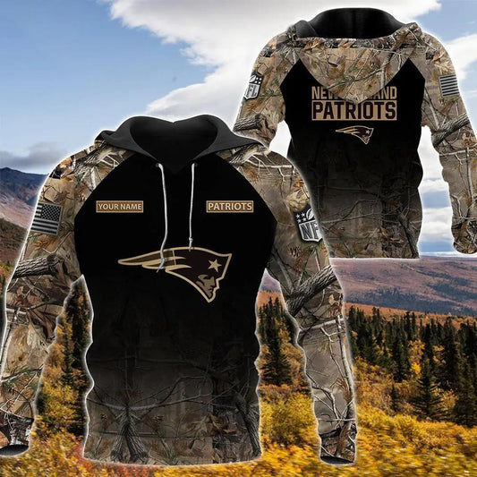New England Patriots Personalized Hunting Camo NFL 3D All Over Print Hoodie -Moonbestprint