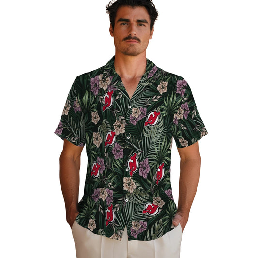 New Jersey Devils Hawaiian Shirt - Hibiscus Leaves Pattern | Moonbestprint