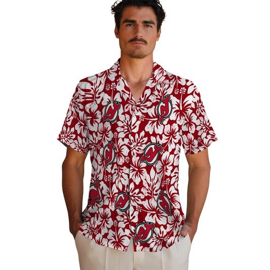New Jersey Devils Hawaiian Shirt - Hibiscus Motif | Moonbestprint