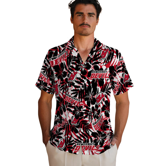 New Jersey Devils Hawaiian Shirt - Hibiscus Overlay | Moonbestprint