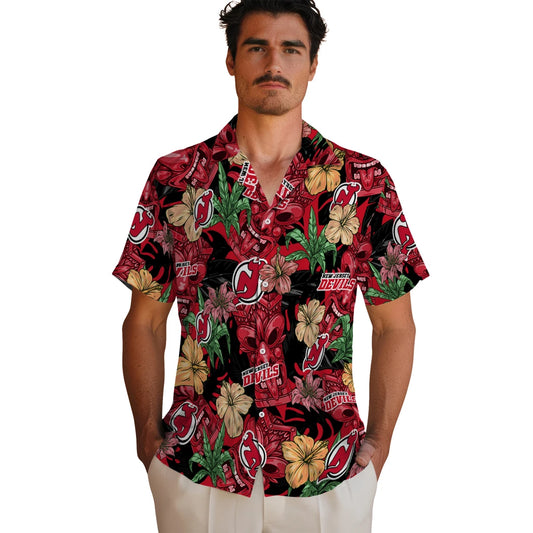 New Jersey Devils Hawaiian Shirt - Hibiscus Tiki Jungle | Moonbestprint