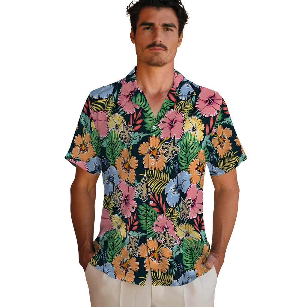 New Orleans Saints Hawaiian Shirt - Brilliant Hibiscus Garden | Moonbestprint