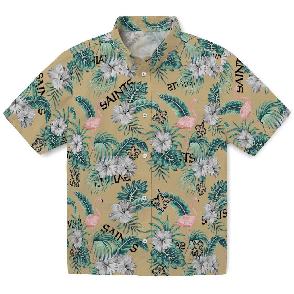 New Orleans Saints Hawaiian Shirt - Flamingo and Hibiscus | Moonbestprint