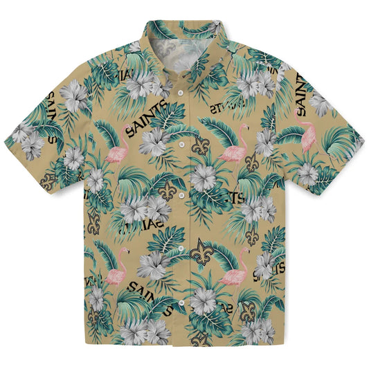 New Orleans Saints Hawaiian Shirt - Flamingo and Hibiscus | Moonbestprint