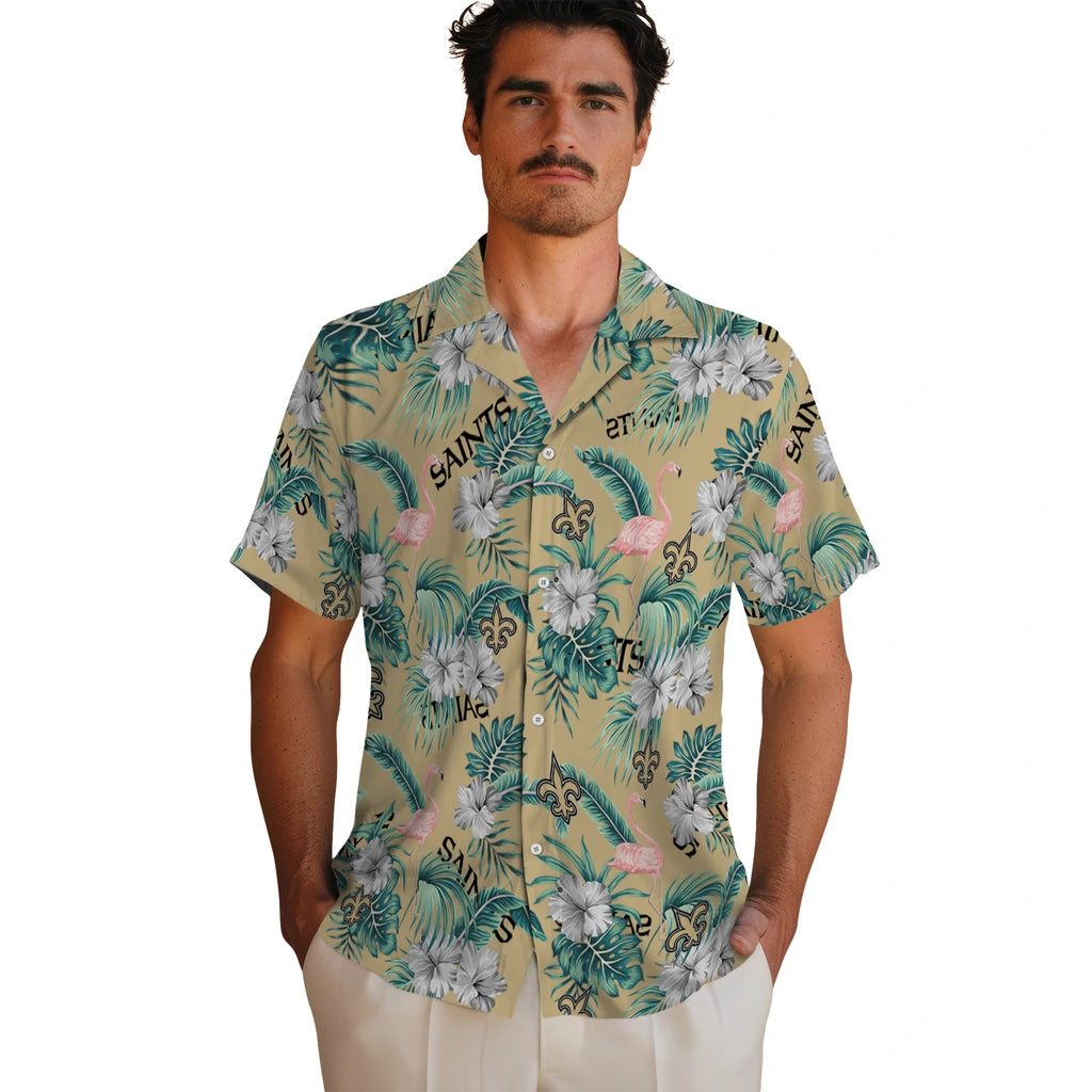 New Orleans Saints Hawaiian Shirt - Flamingo and Hibiscus | Moonbestprint