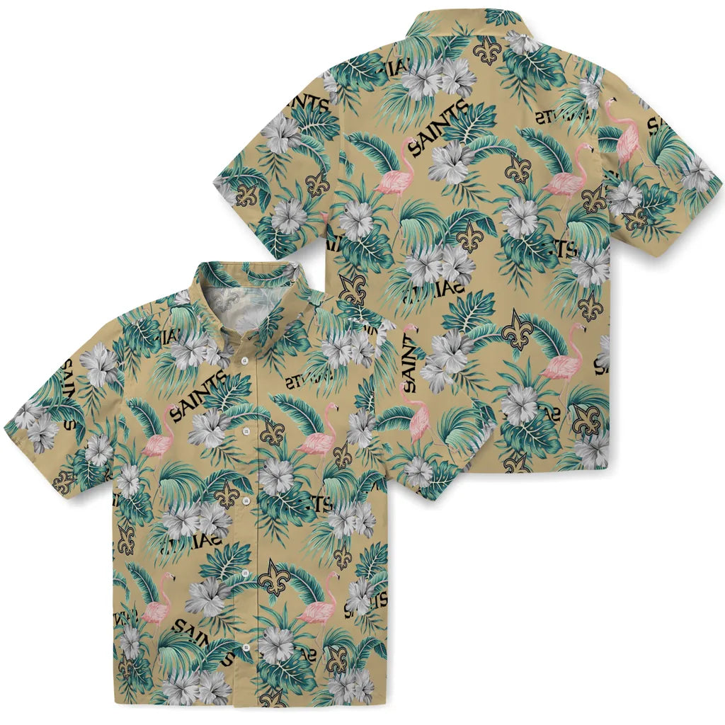 New Orleans Saints Hawaiian Shirt - Flamingo and Hibiscus | Moonbestprint