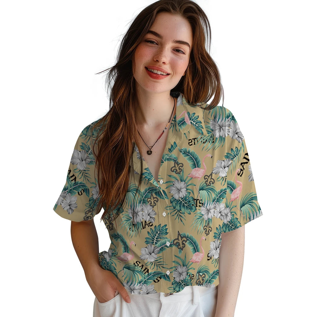New Orleans Saints Hawaiian Shirt - Flamingo and Hibiscus | Moonbestprint