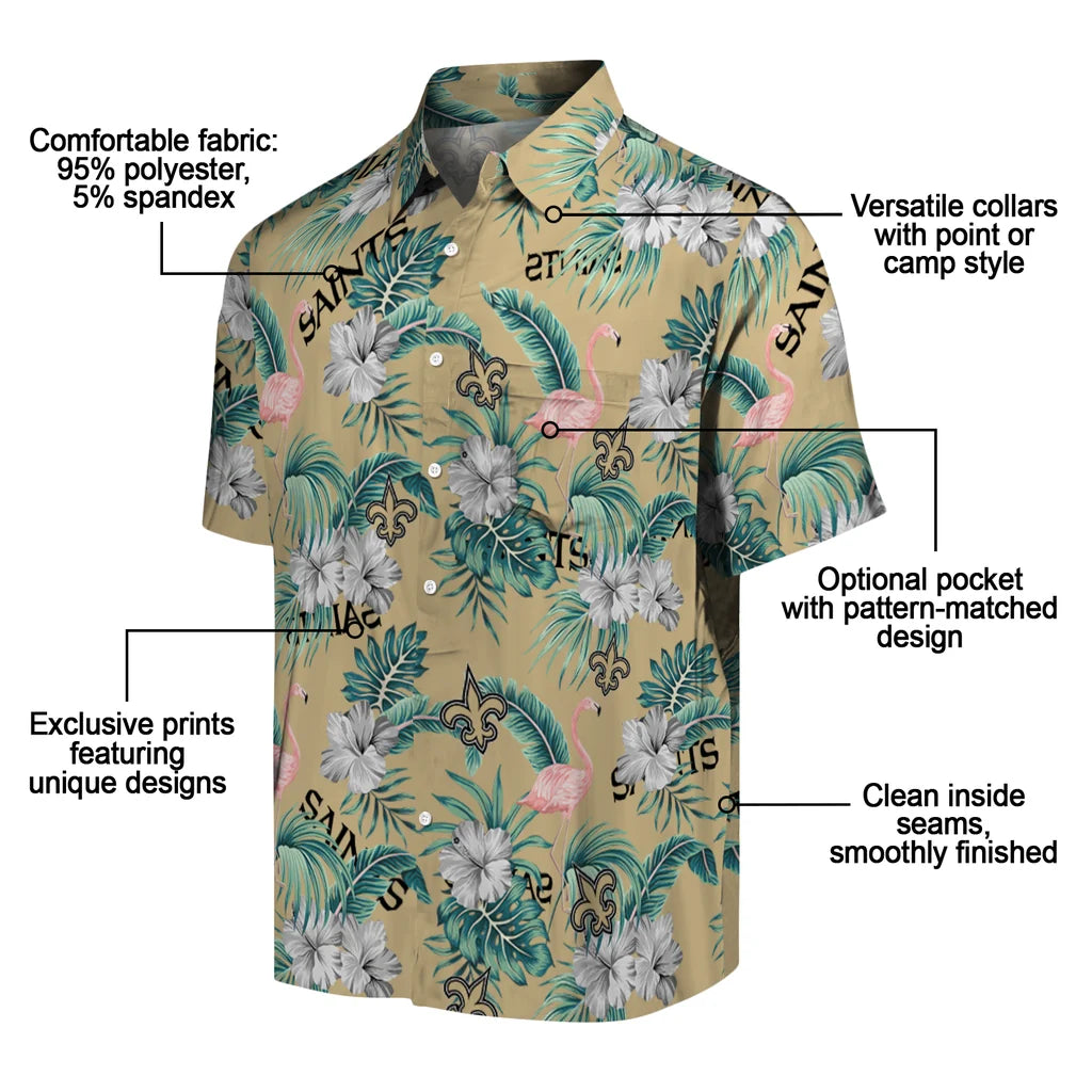New Orleans Saints Hawaiian Shirt - Flamingo and Hibiscus | Moonbestprint