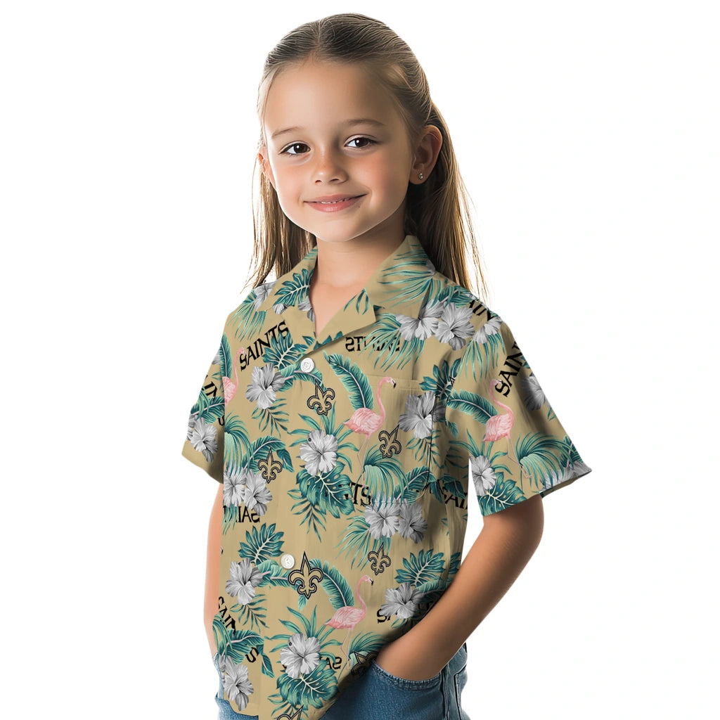 New Orleans Saints Hawaiian Shirt - Flamingo and Hibiscus | Moonbestprint