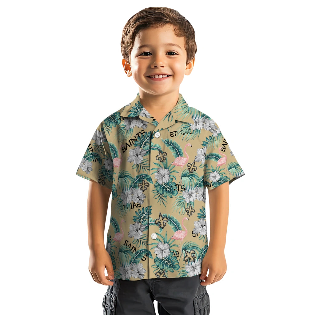 New Orleans Saints Hawaiian Shirt - Flamingo and Hibiscus | Moonbestprint