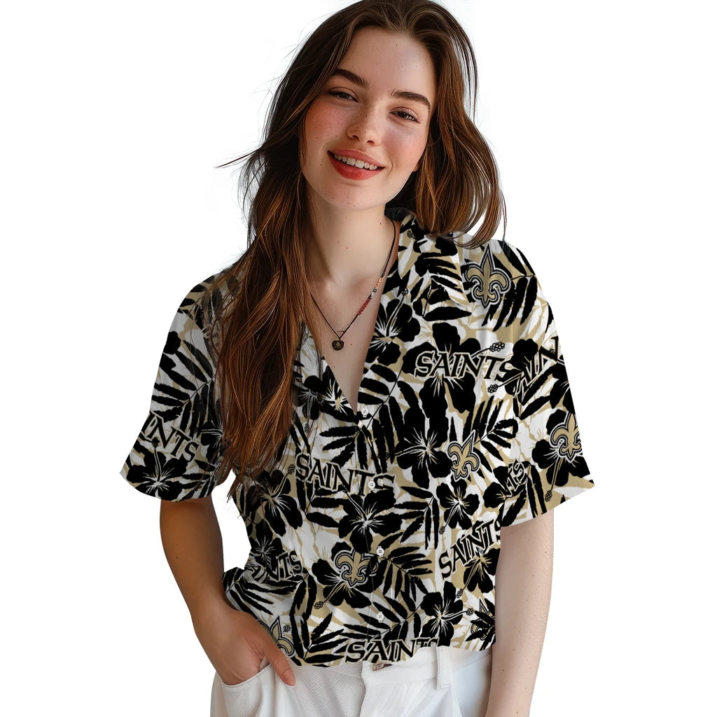New Orleans Saints Hawaiian Shirt - Hibiscus Overlay | Moonbestprint