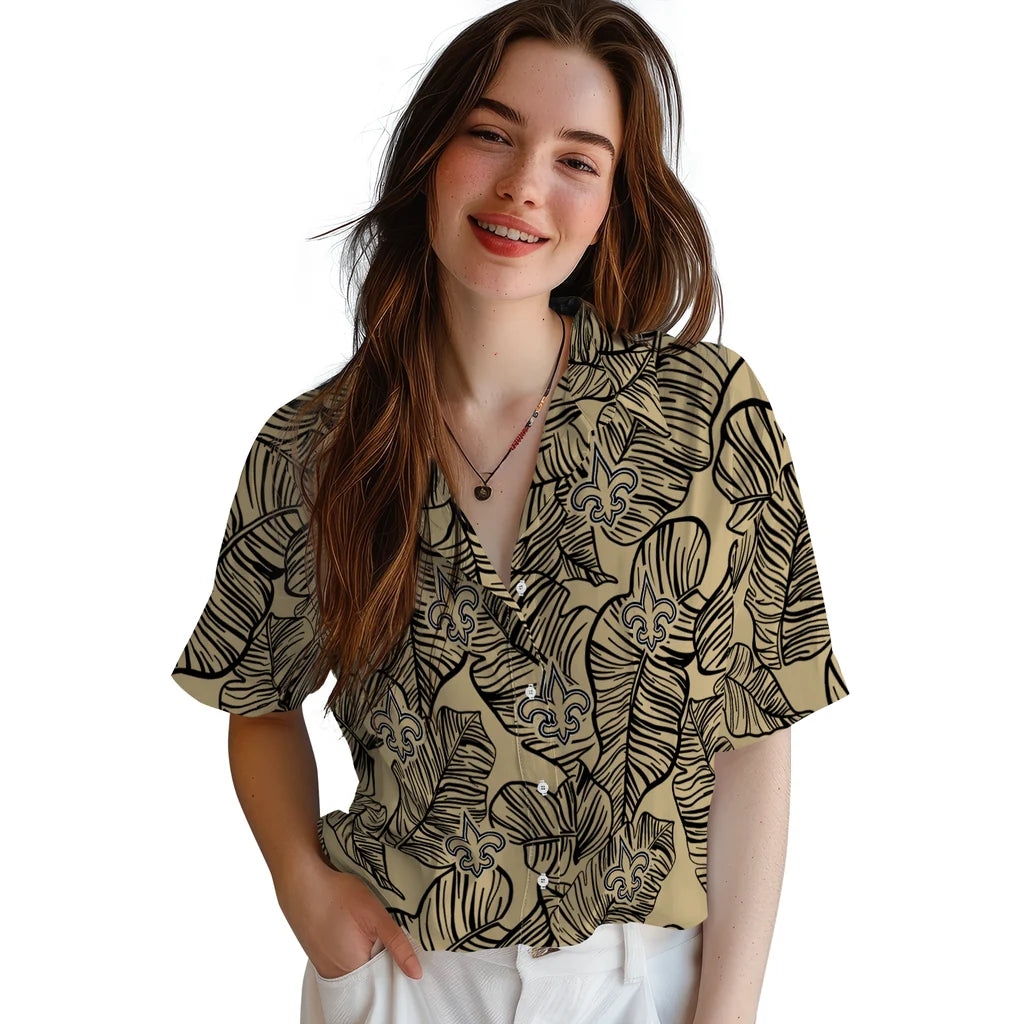 New Orleans Saints Hawaiian Shirt - Leaf Outline | Moonbestprint