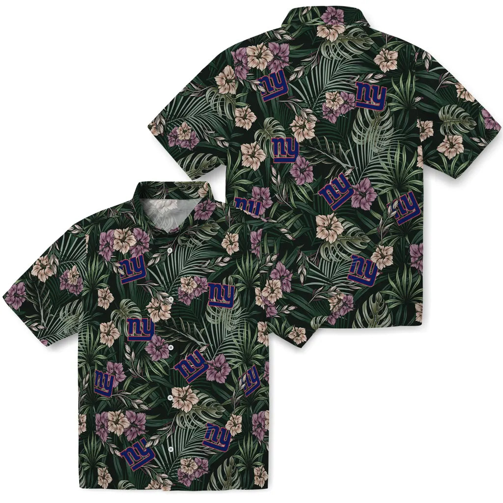 New York Giants Hawaiian Shirt - Hibiscus Leaves Pattern | Moonbestprint