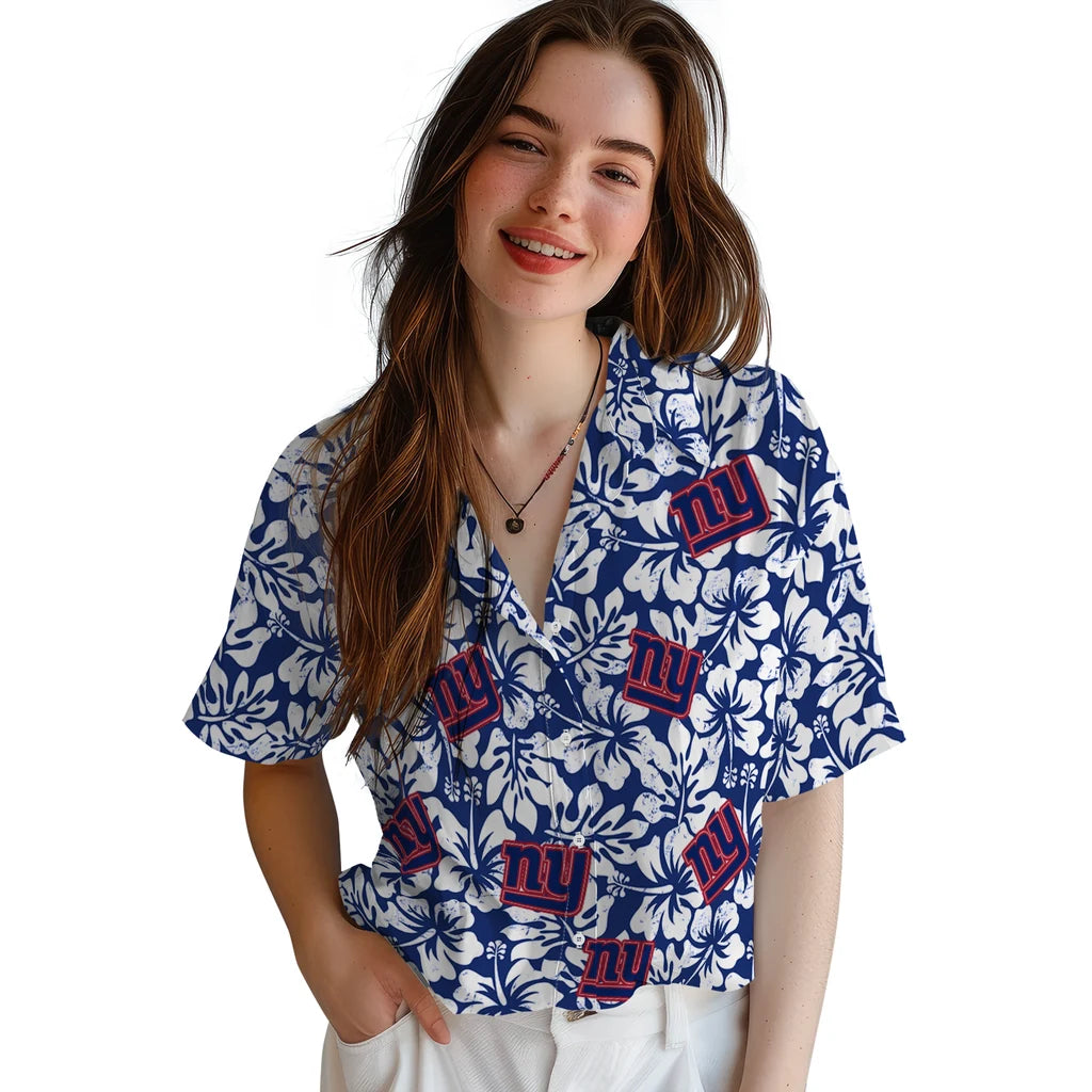 New York Giants Hawaiian Shirt - Hibiscus Motif | Moonbestprint