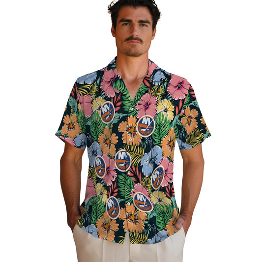 New York Islanders Hawaiian Shirt - Brilliant Hibiscus Garden | Moonbestprint