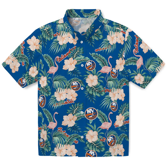 New York Islanders Hawaiian Shirt - Flamingo and Hibiscus | Moonbestprint
