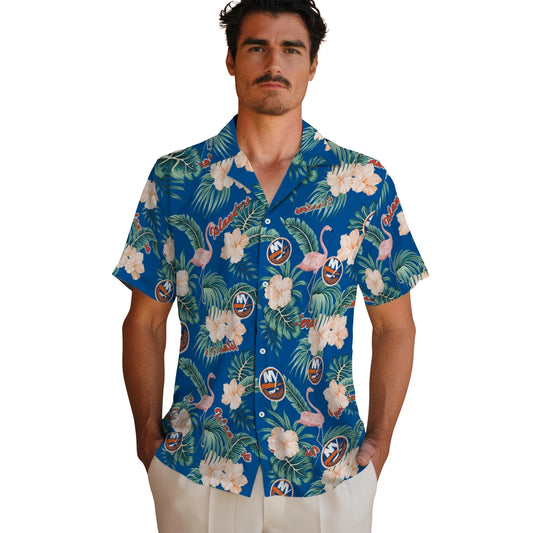 New York Islanders Hawaiian Shirt - Flamingo and Hibiscus | Moonbestprint