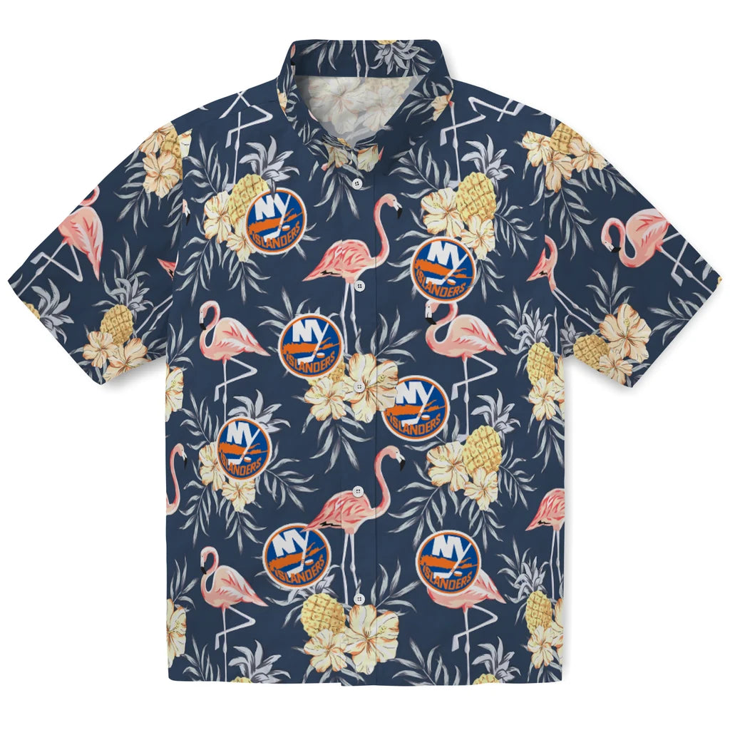 New York Islanders Hawaiian Shirt - Flamingo Hibiscus | Moonbestprint
