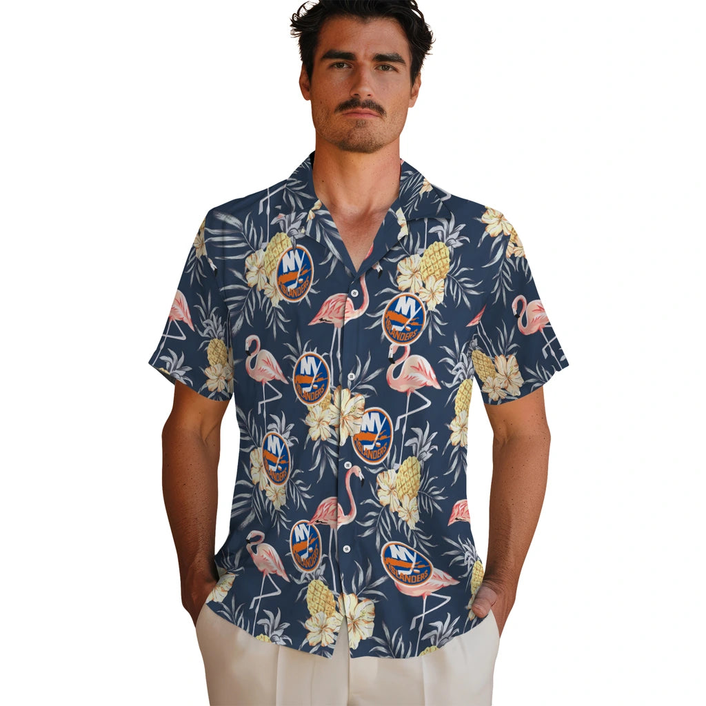 New York Islanders Hawaiian Shirt - Flamingo Hibiscus | Moonbestprint