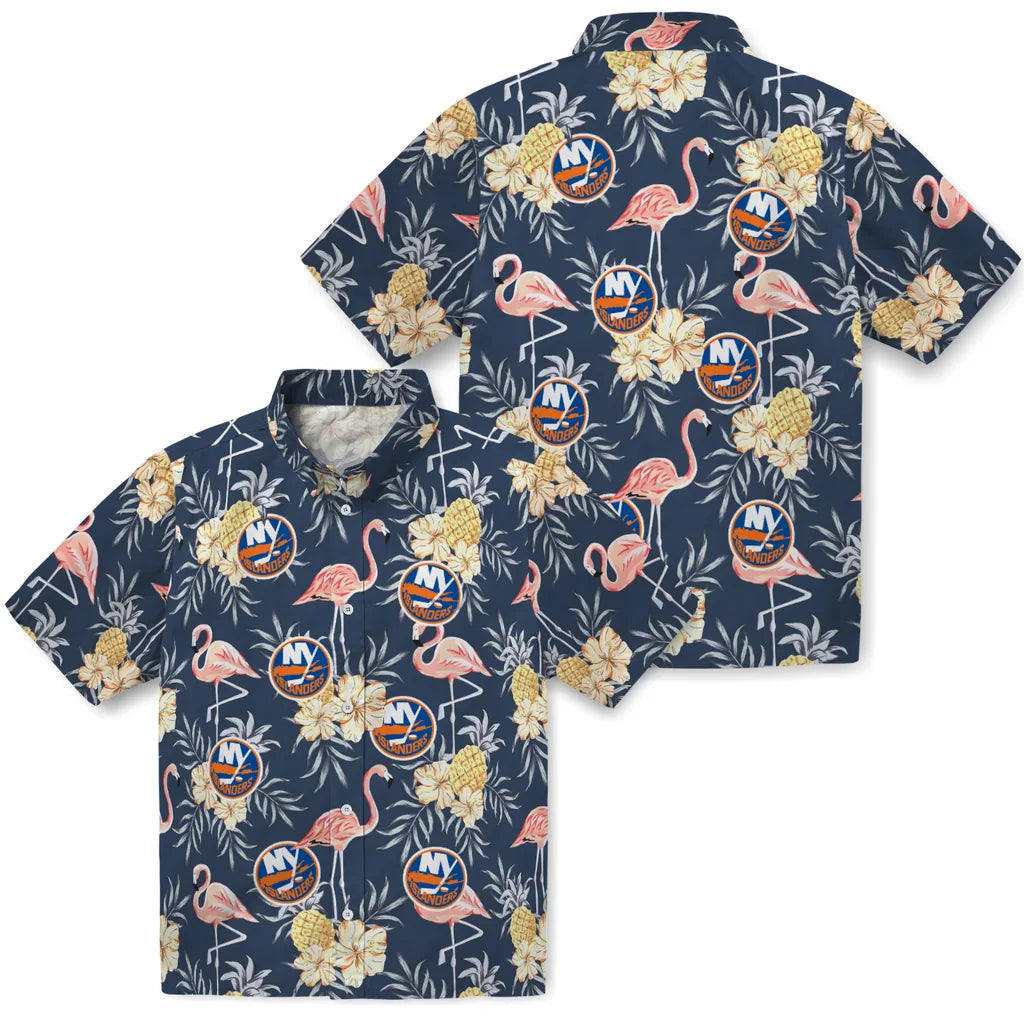 New York Islanders Hawaiian Shirt - Flamingo Hibiscus | Moonbestprint