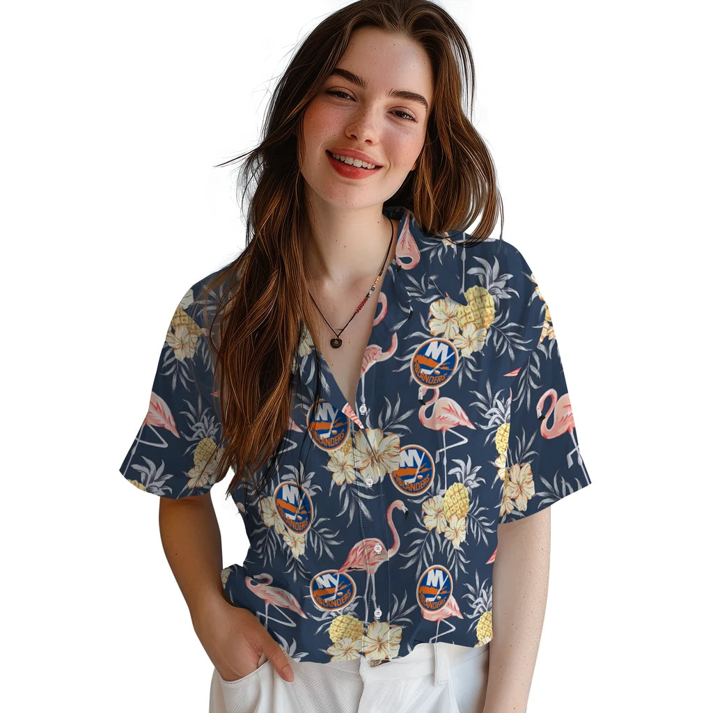 New York Islanders Hawaiian Shirt - Flamingo Hibiscus | Moonbestprint