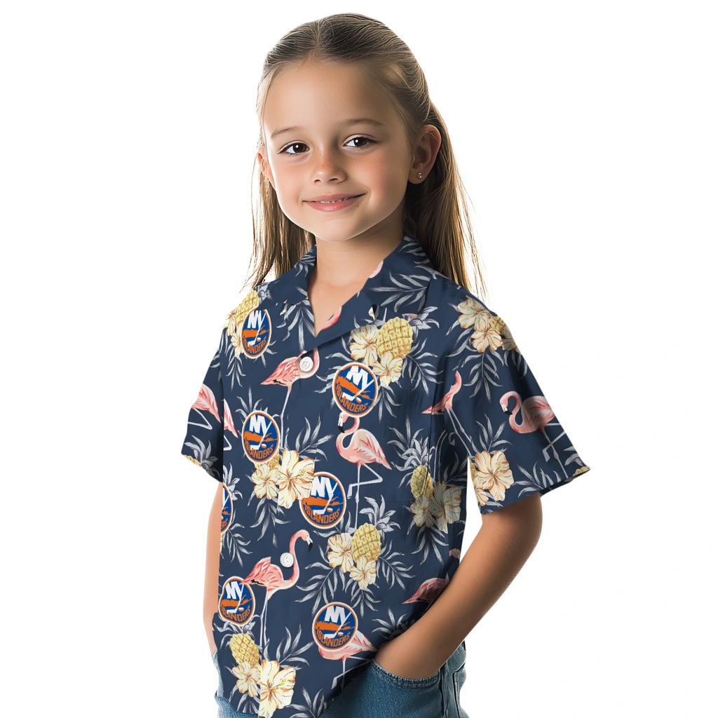 New York Islanders Hawaiian Shirt - Flamingo Hibiscus | Moonbestprint