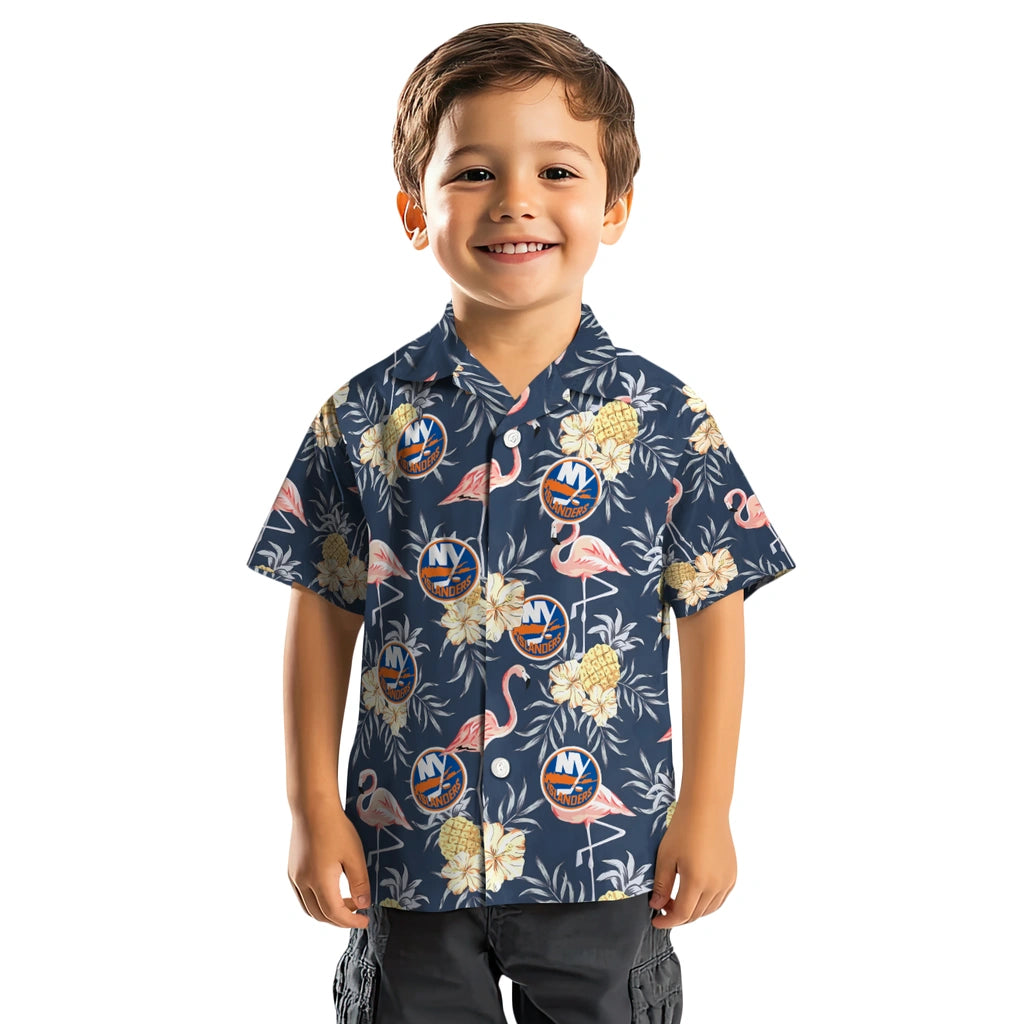 New York Islanders Hawaiian Shirt - Flamingo Hibiscus | Moonbestprint
