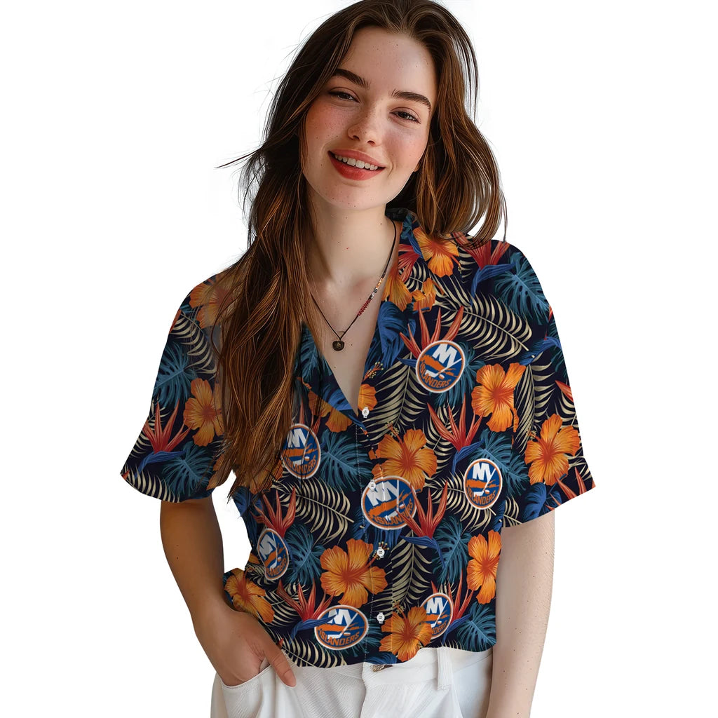 New York Islanders Hawaiian Shirt - Hibiscus Foliage | Moonbestprint