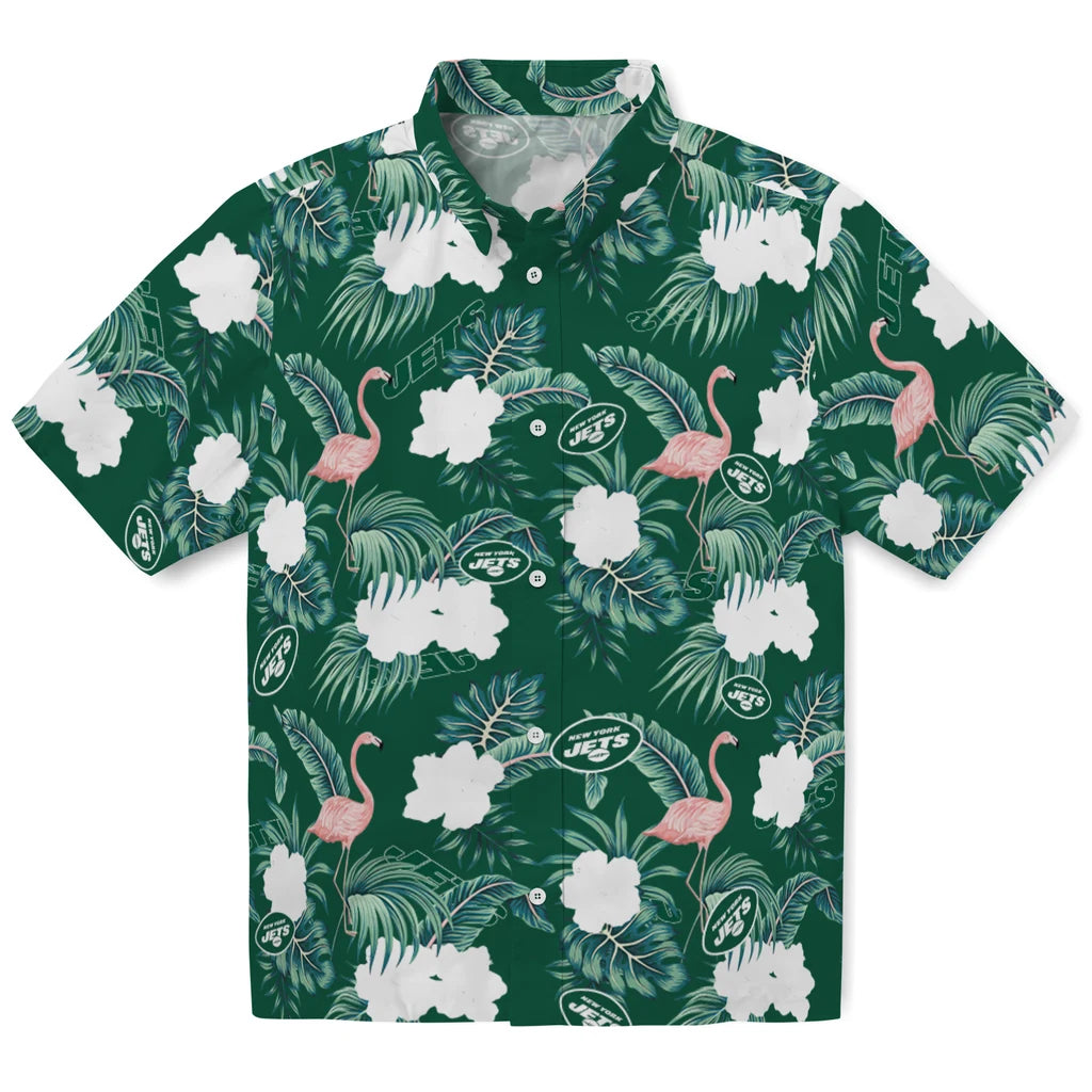 New York Jets Hawaiian Shirt - Flamingo and Hibiscus | Moonbestprint