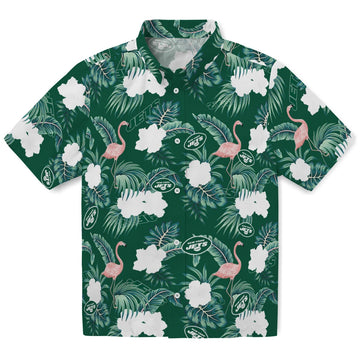 New York Jets Hawaiian Shirt - Flamingo and Hibiscus | Moonbestprint