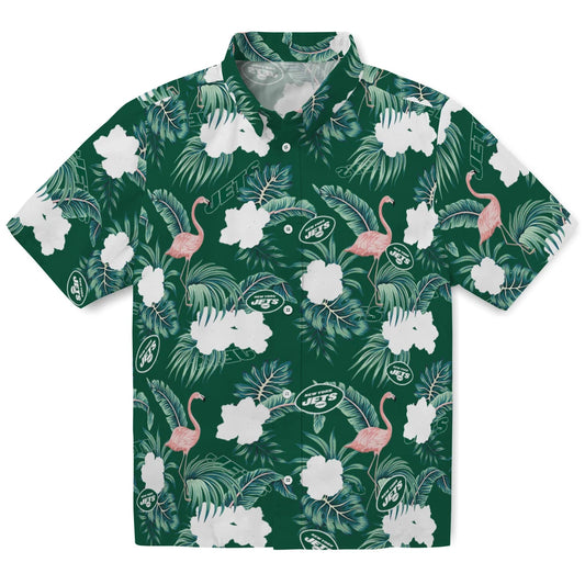 New York Jets Hawaiian Shirt - Flamingo and Hibiscus | Moonbestprint