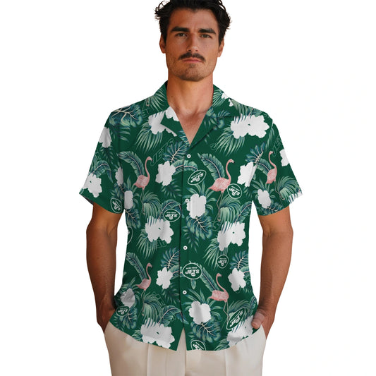 New York Jets Hawaiian Shirt - Flamingo and Hibiscus | Moonbestprint