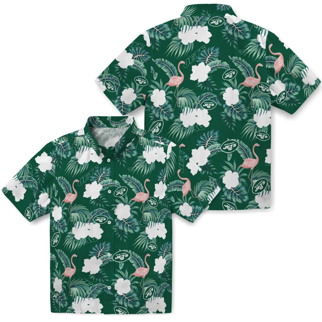 New York Jets Hawaiian Shirt - Flamingo and Hibiscus | Moonbestprint