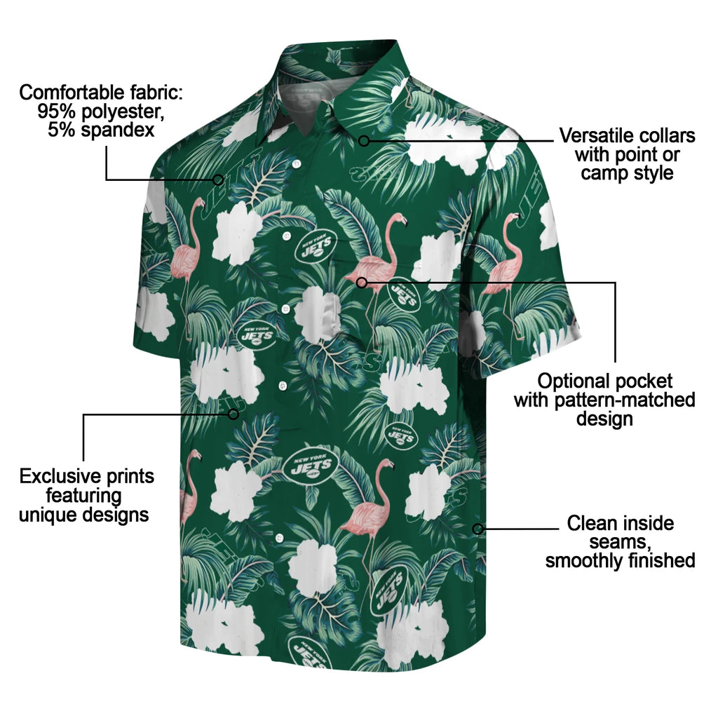New York Jets Hawaiian Shirt - Flamingo and Hibiscus | Moonbestprint