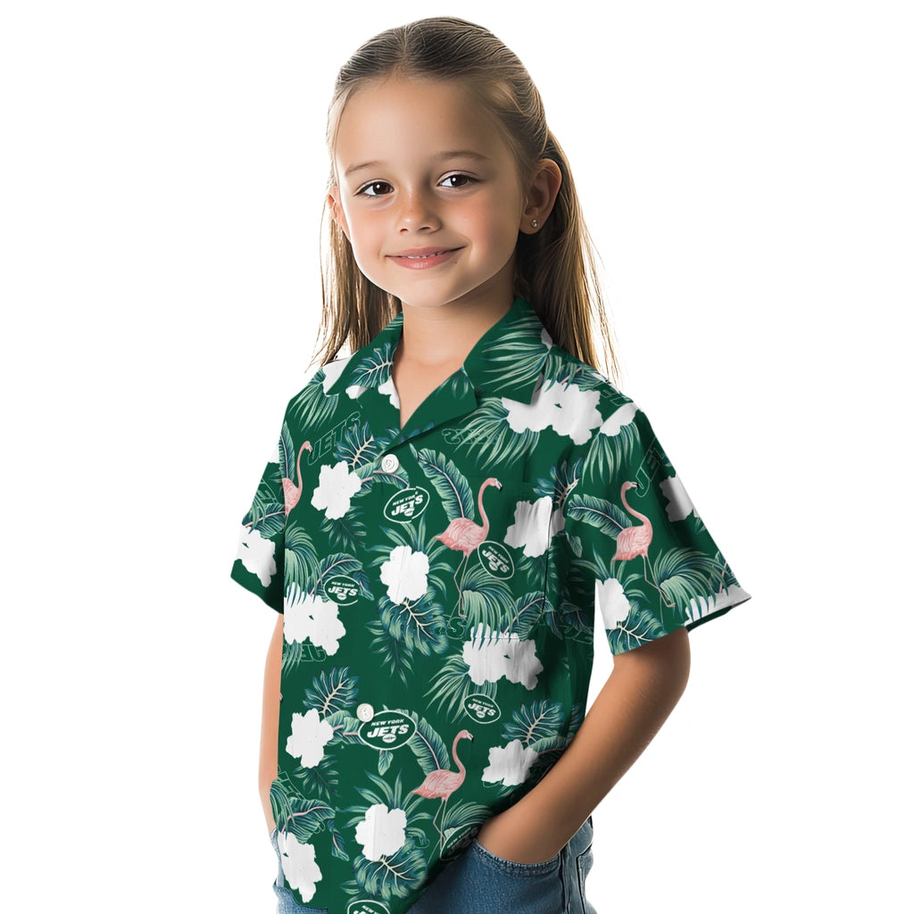 New York Jets Hawaiian Shirt - Flamingo and Hibiscus | Moonbestprint