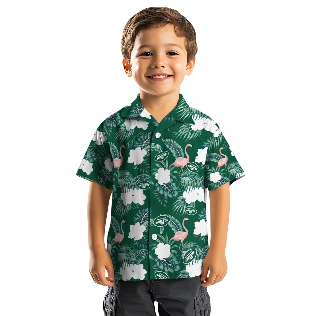 New York Jets Hawaiian Shirt - Flamingo and Hibiscus | Moonbestprint