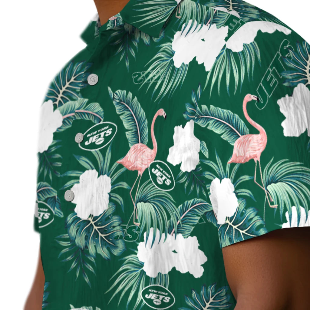 New York Jets Hawaiian Shirt - Flamingo and Hibiscus | Moonbestprint